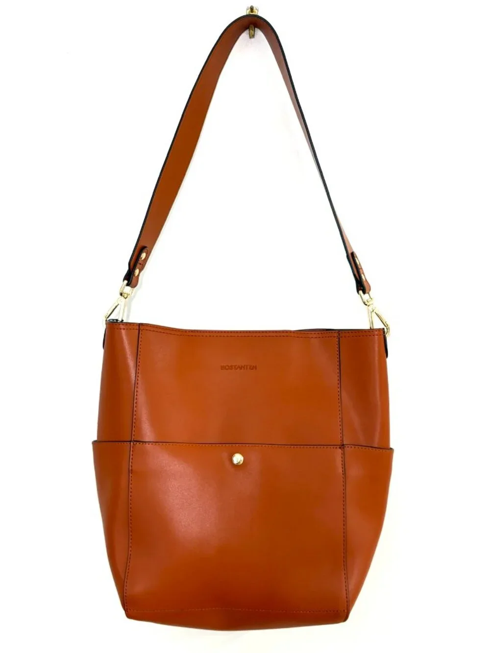 BOSTANTEN Genuine Leather Hobo Bucket Shoulder Bag Cognac Brown Gold Hardware